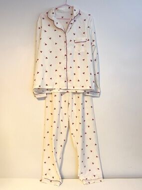 Lounge Pajama Matching Set Button Down Long Sleeve Wide Leg Cream Cherry Large